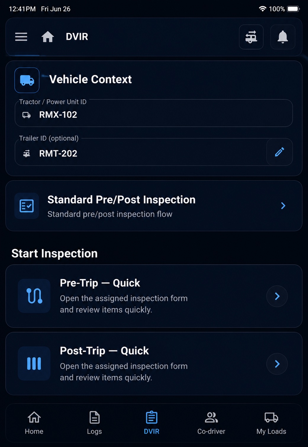 RoadMax driver app — DVIR pre-trip inspection