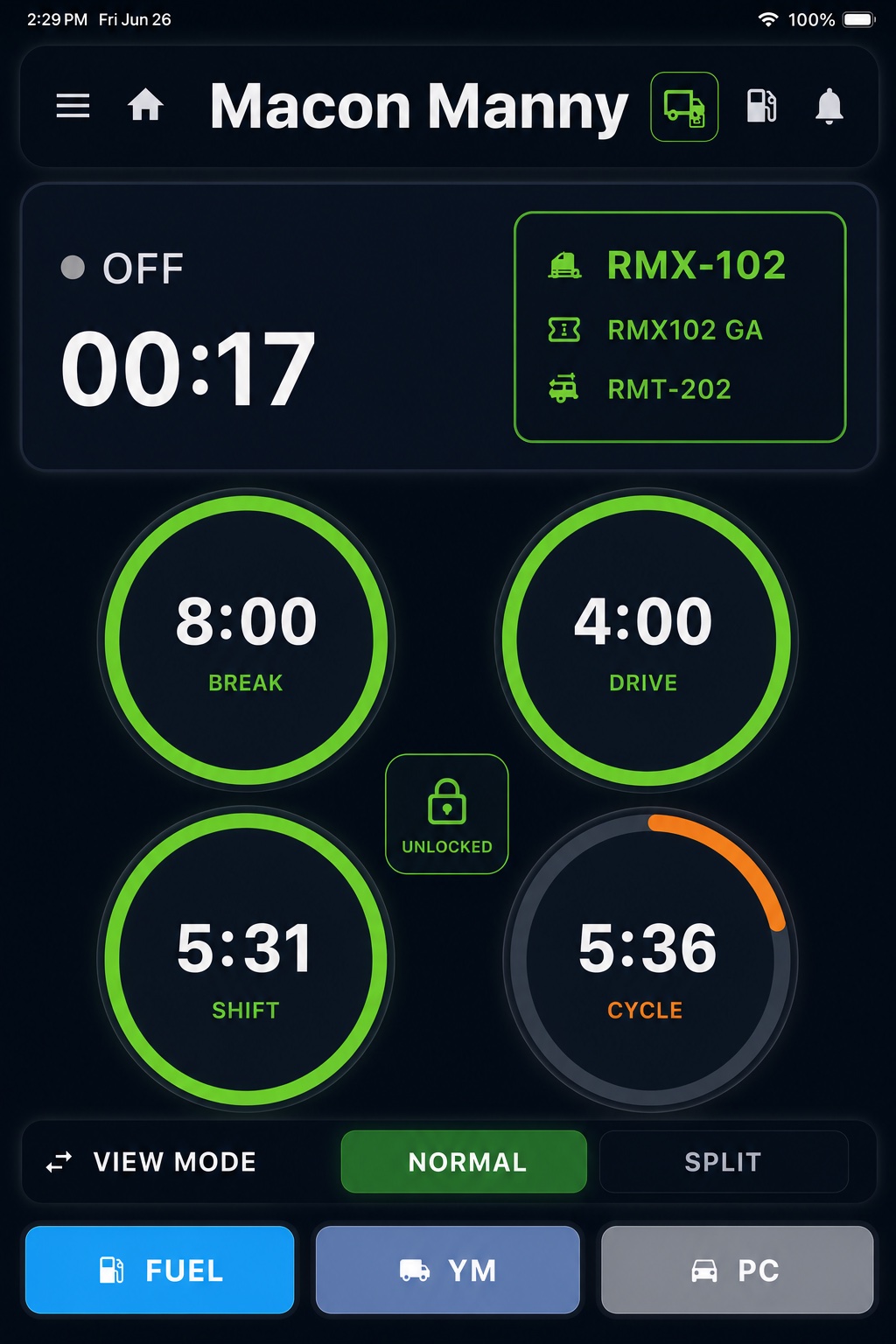 RoadMax driver app — hours-of-service dashboard