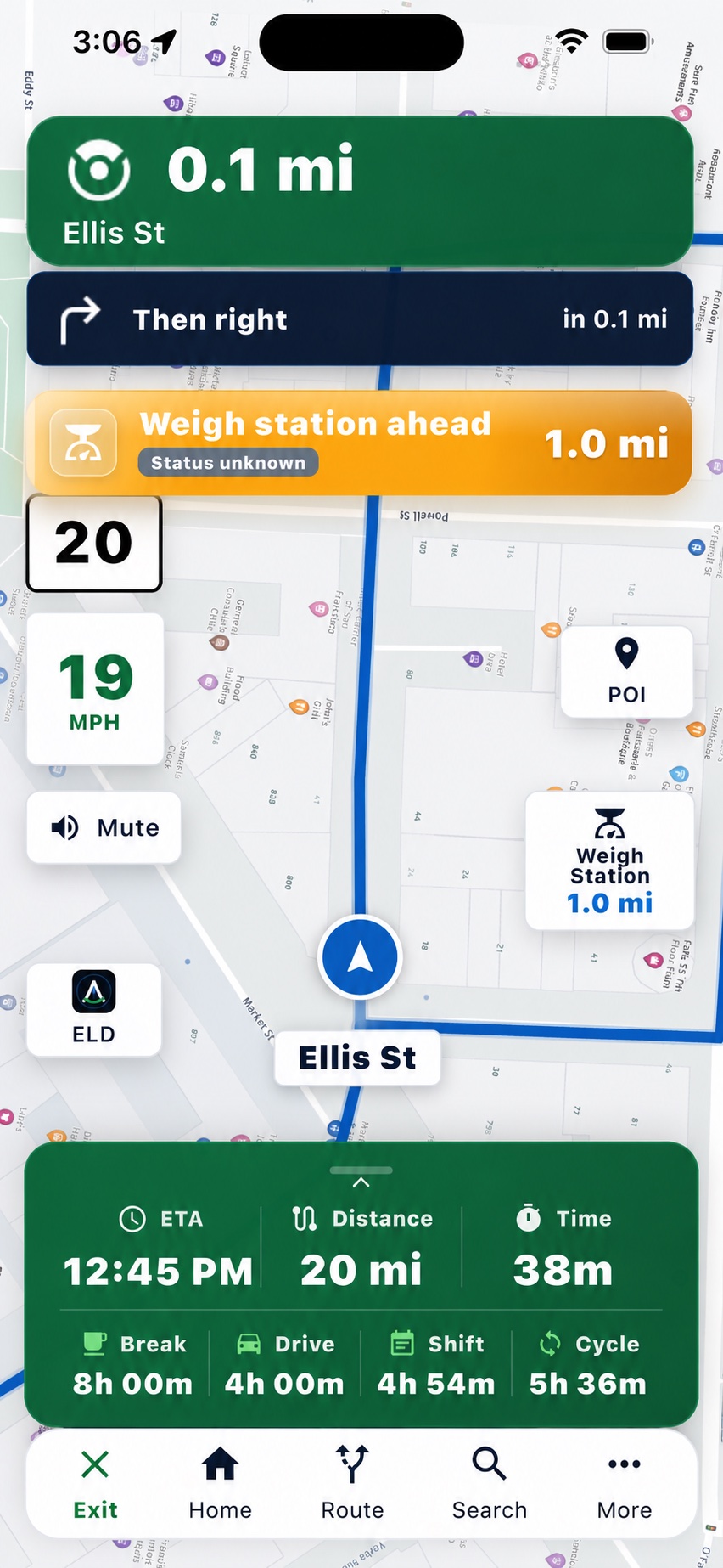 RoadMax driver app — turn-by-turn truck navigation with weigh-station alerts and live HOS
